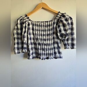 Oak +‎ Fort, Cropped plaid top with Ruching, Ivory/Blue/Orange,  Size Small